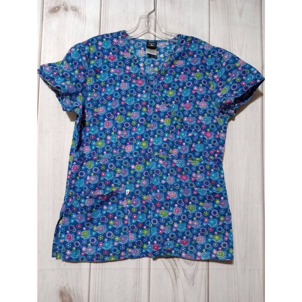 Cherokee Scrub Top Ladies Small Blue Ditsy Floral